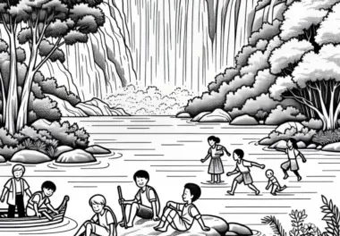 Kinder im See unter Wasserfall – Malvorlage gratis