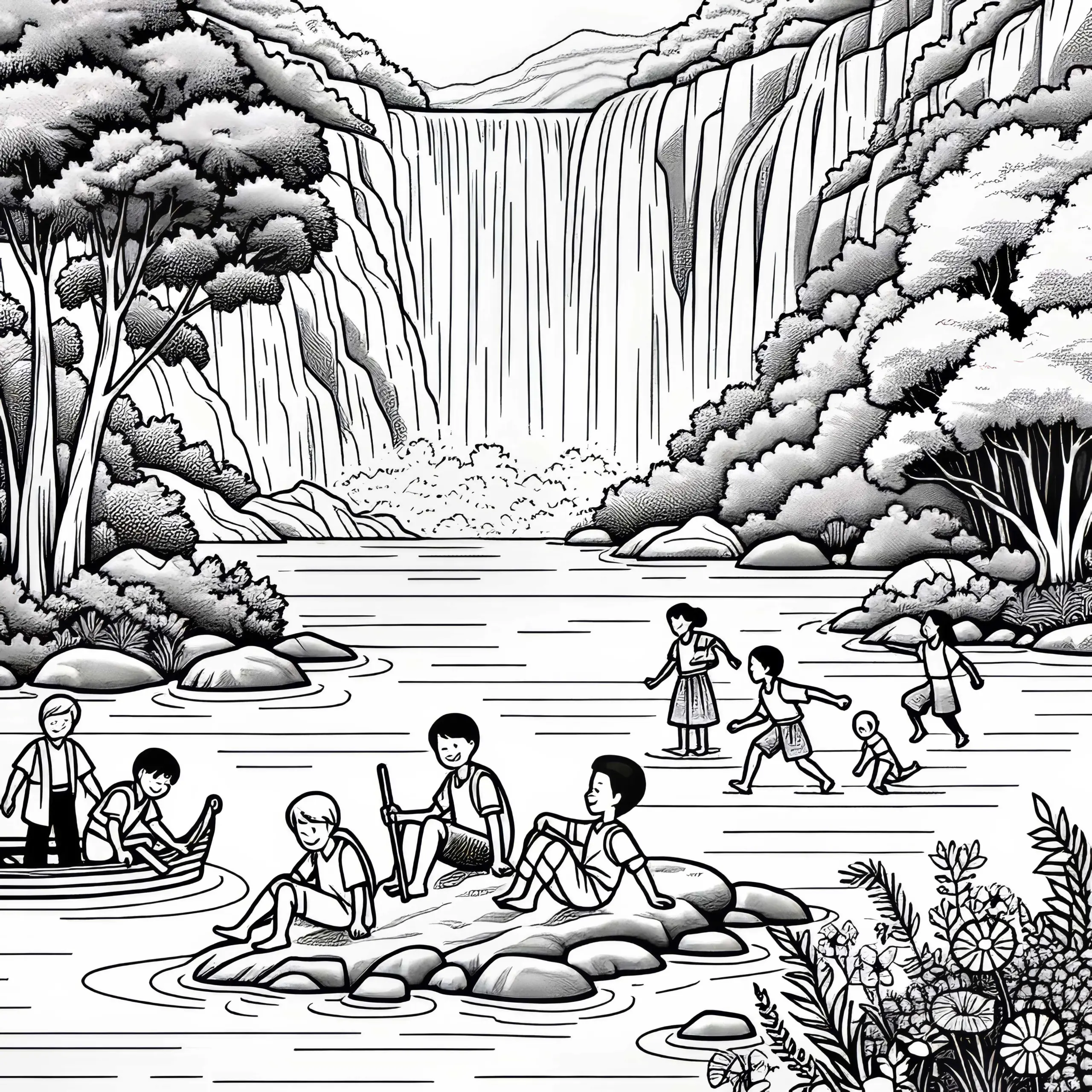 Kinder im See unter Wasserfall – Malvorlage gratis (Ausmalbild)