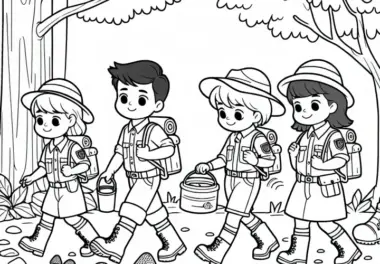 Kinder im Wald als Förster verkleidet – Malvorlage kostenlos
