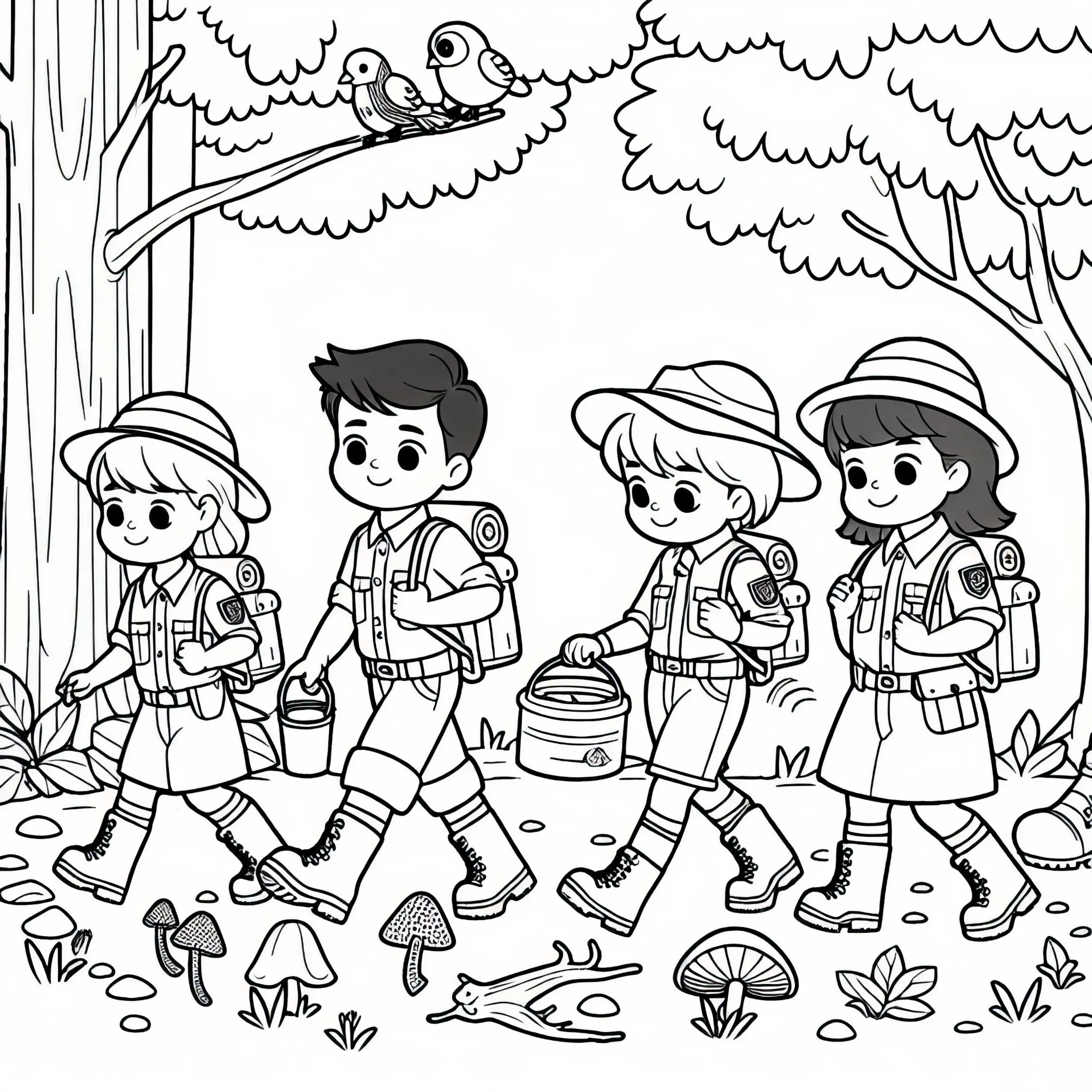 Kinder im Wald als Förster verkleidet – Malvorlage kostenlos (Ausmalbild)