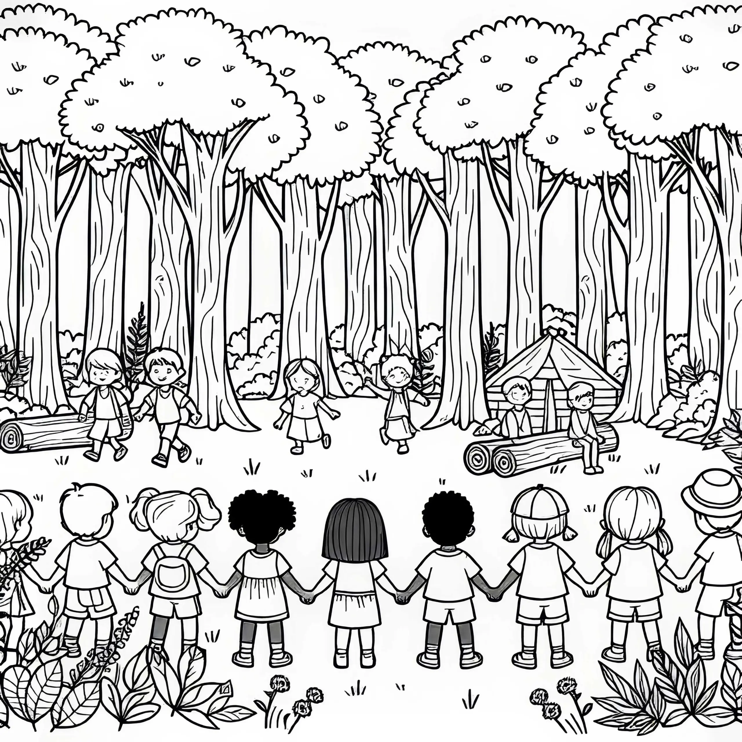 Kinder im Wald: kostenloses Ausmalbild
