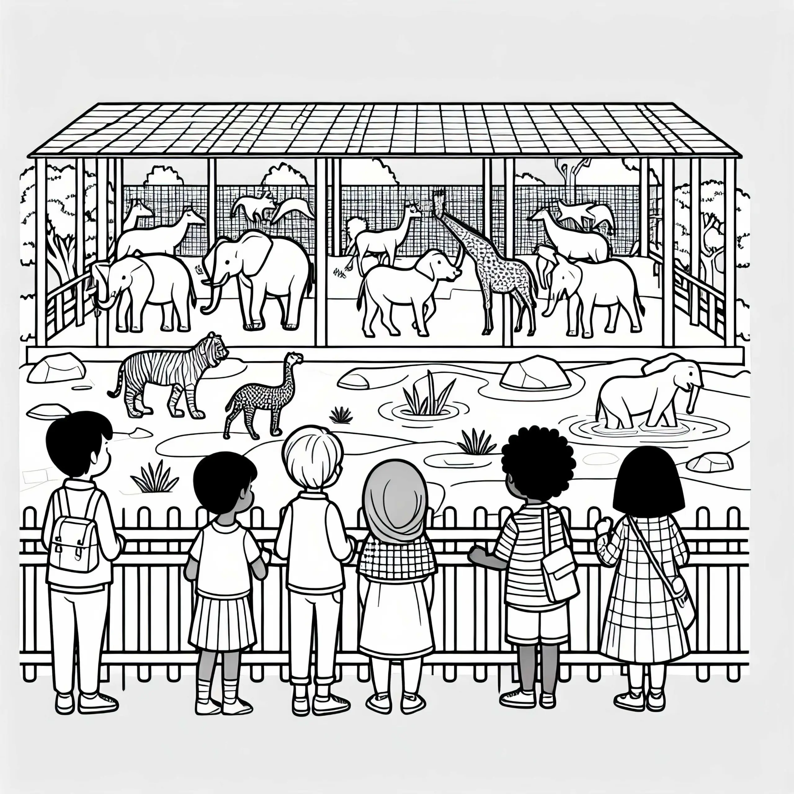 Kinder im Zoo Malvorlage Gratis (Ausmalbild)