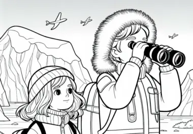Kinder in Forscherjacken schauen durch Fernglas – Malvorlage Antarktis kostenlos