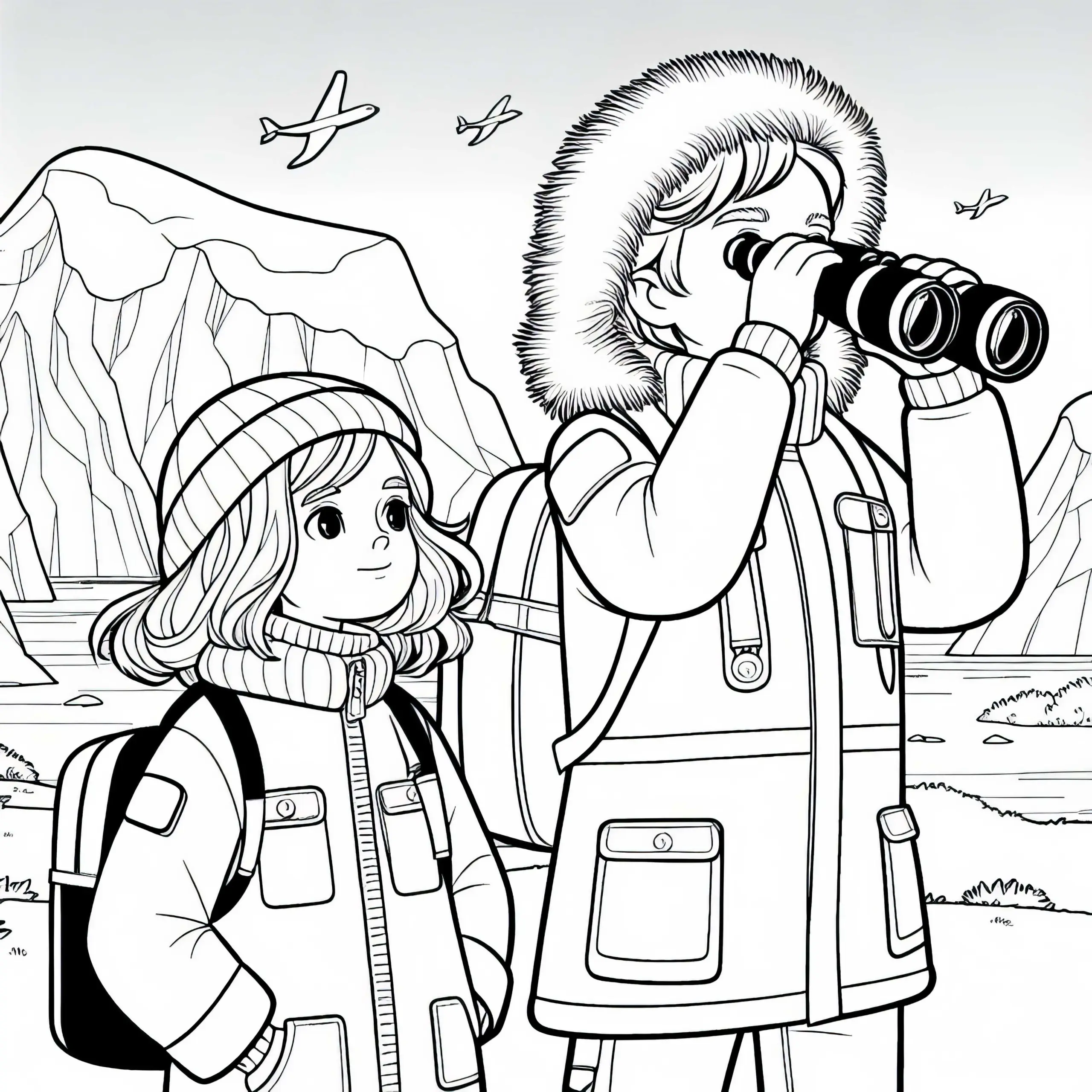 Kinder in Forscherjacken schauen durch Fernglas – Malvorlage Antarktis kostenlos (Ausmalbild)