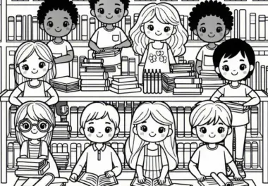 Kinder in der Schulbibliothek – Malvorlage Kostenlos