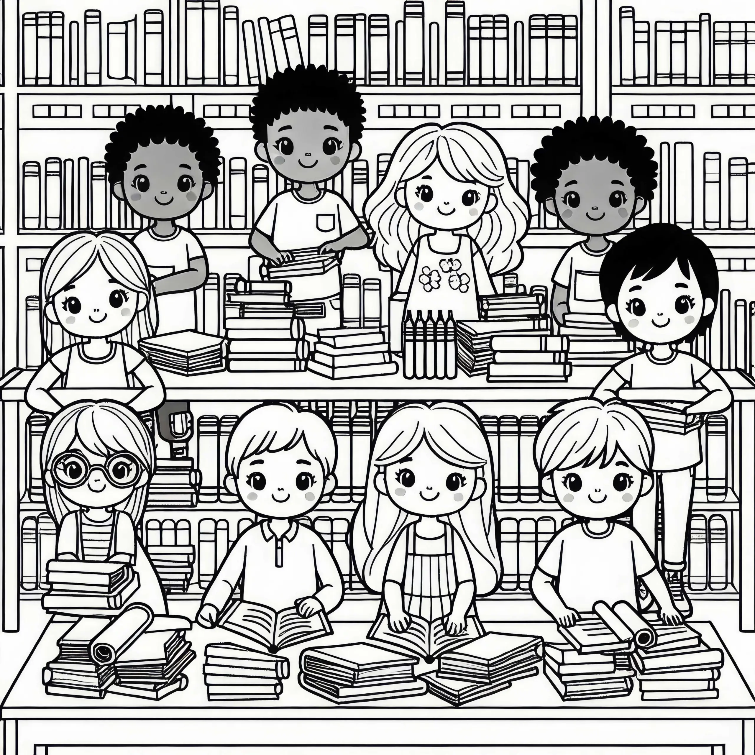 Kinder in der Schulbibliothek – Malvorlage Kostenlos (Ausmalbild)
