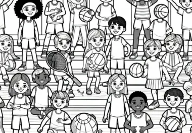 Kinder in Sporthalle als Ausmalbild – gratis herunterladen