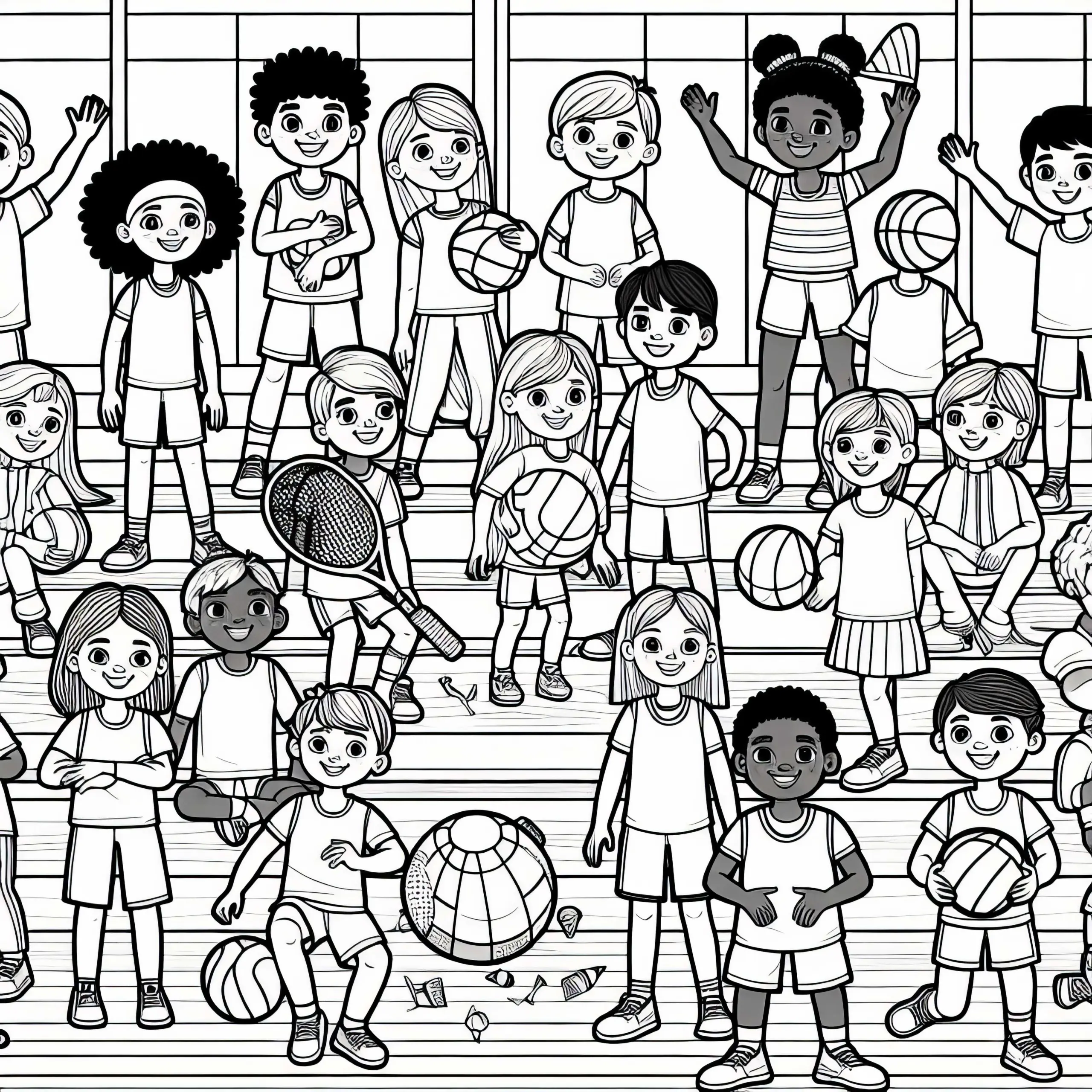 Kinder in Sporthalle als Ausmalbild – gratis herunterladen