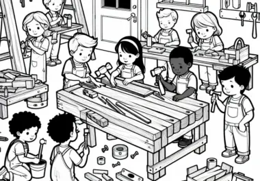 Kinder in Werkstatt – Malvorlage kostenlos