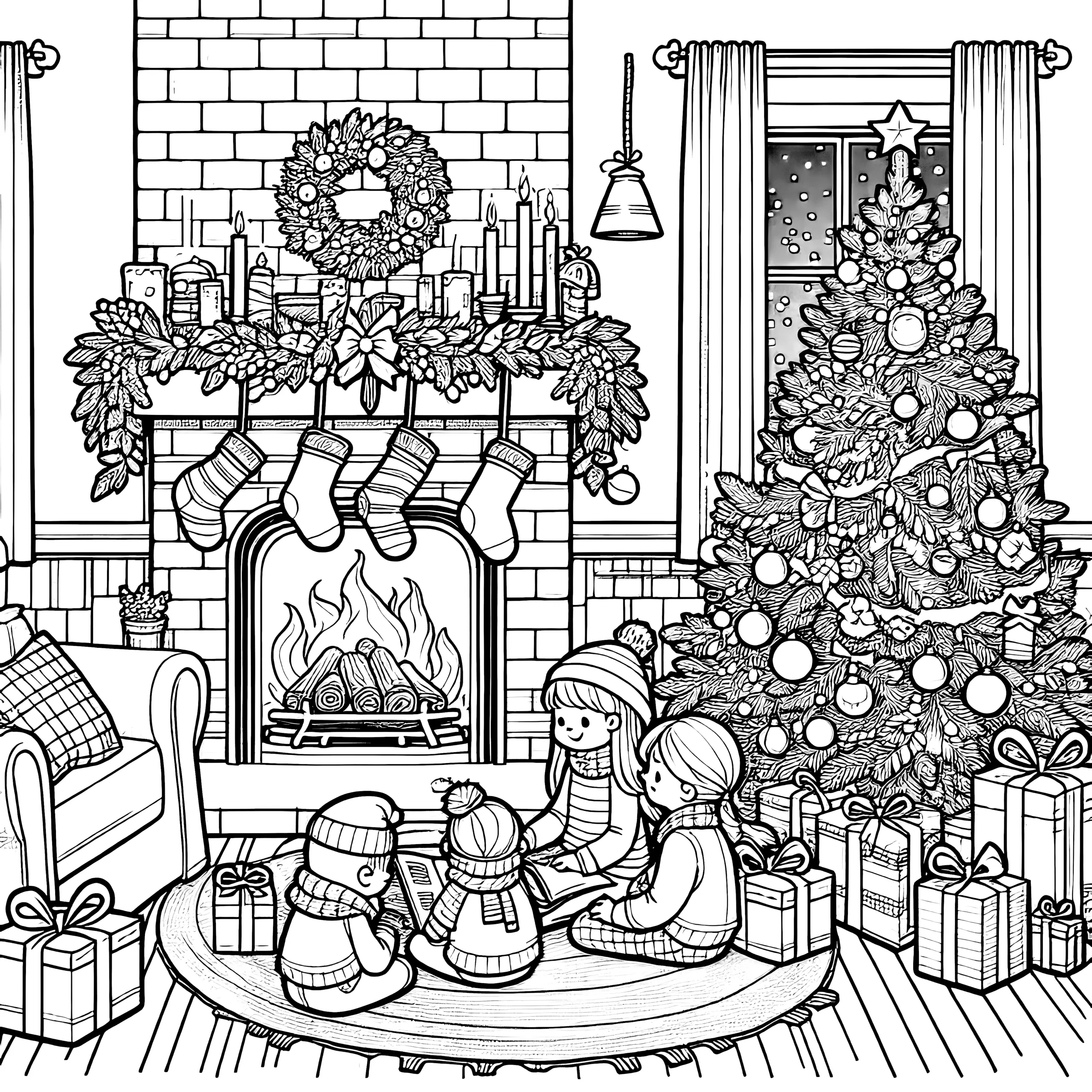Kinder, Kamin, Geschenke, Weihnachtsbaum – Malvorlage (Ausmalbild)