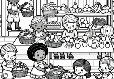 Kinder kaufen und verkaufen spielerisch Obst im Kaufmannsladen – Ausmalbild kostenlos