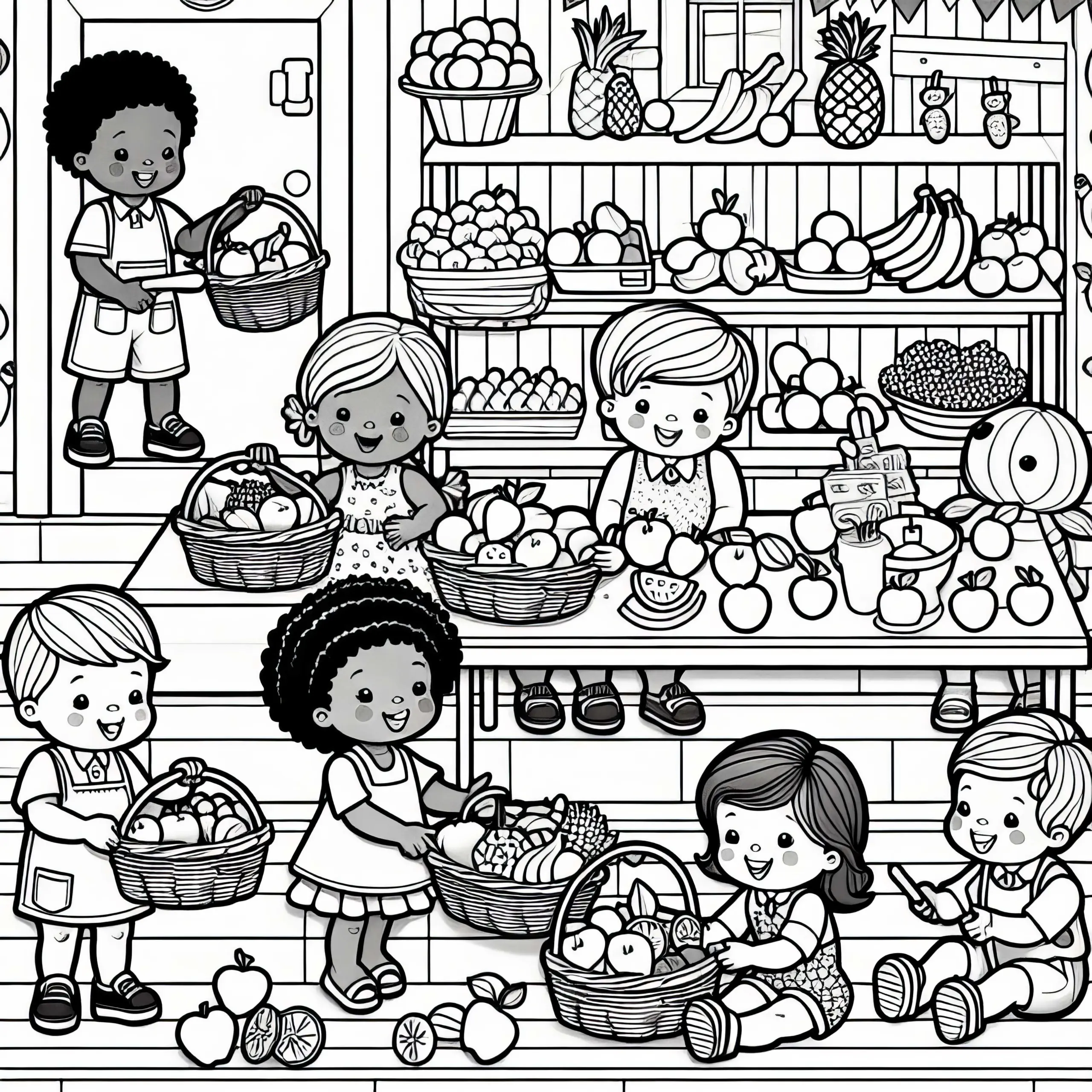 Kinder kaufen und verkaufen spielerisch Obst im Kaufmannsladen – Ausmalbild kostenlos