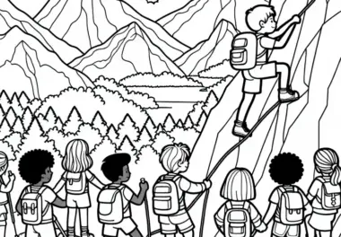 Kinder klettern im Gebirge – Ausmalbild gratis