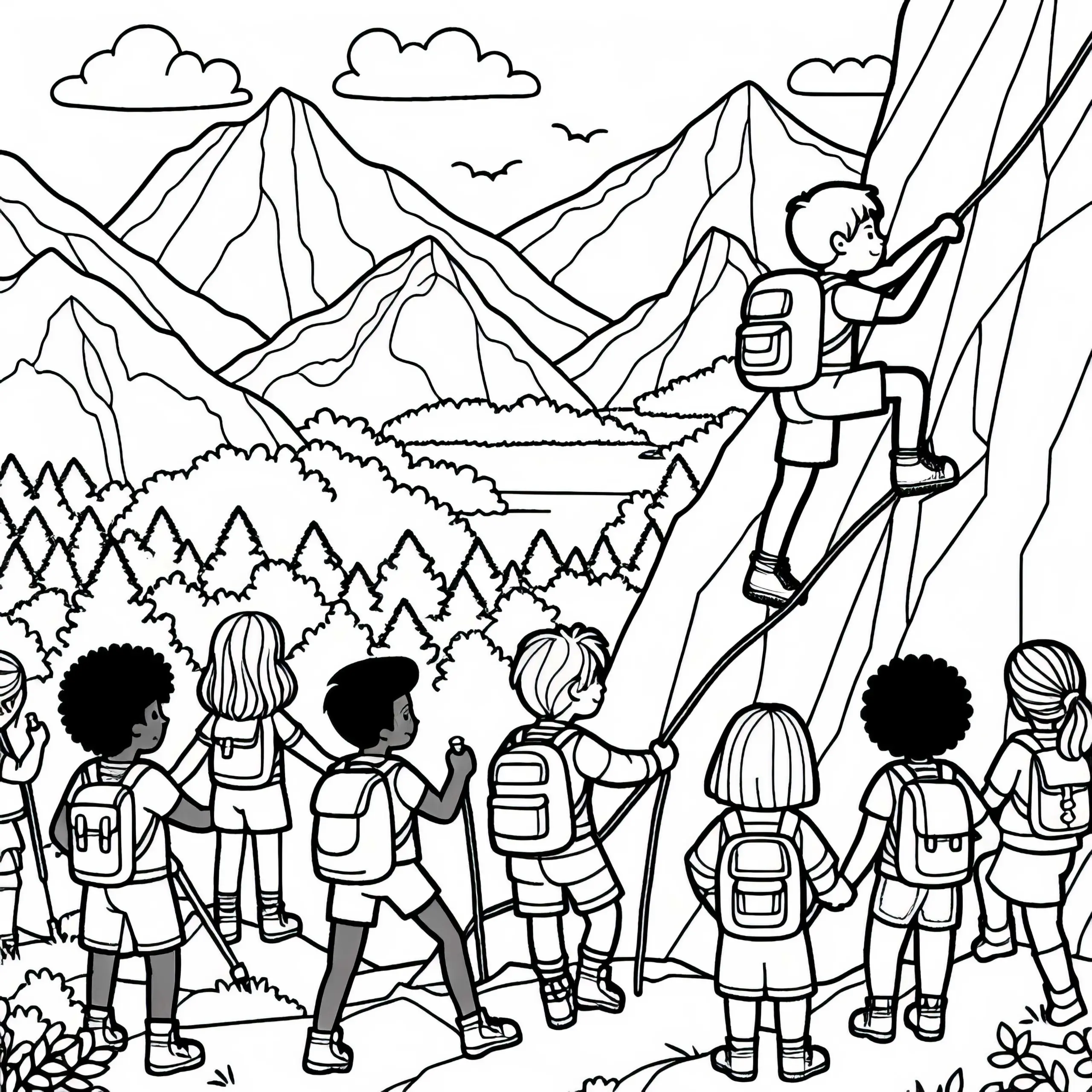 Kinder klettern im Gebirge – Ausmalbild gratis