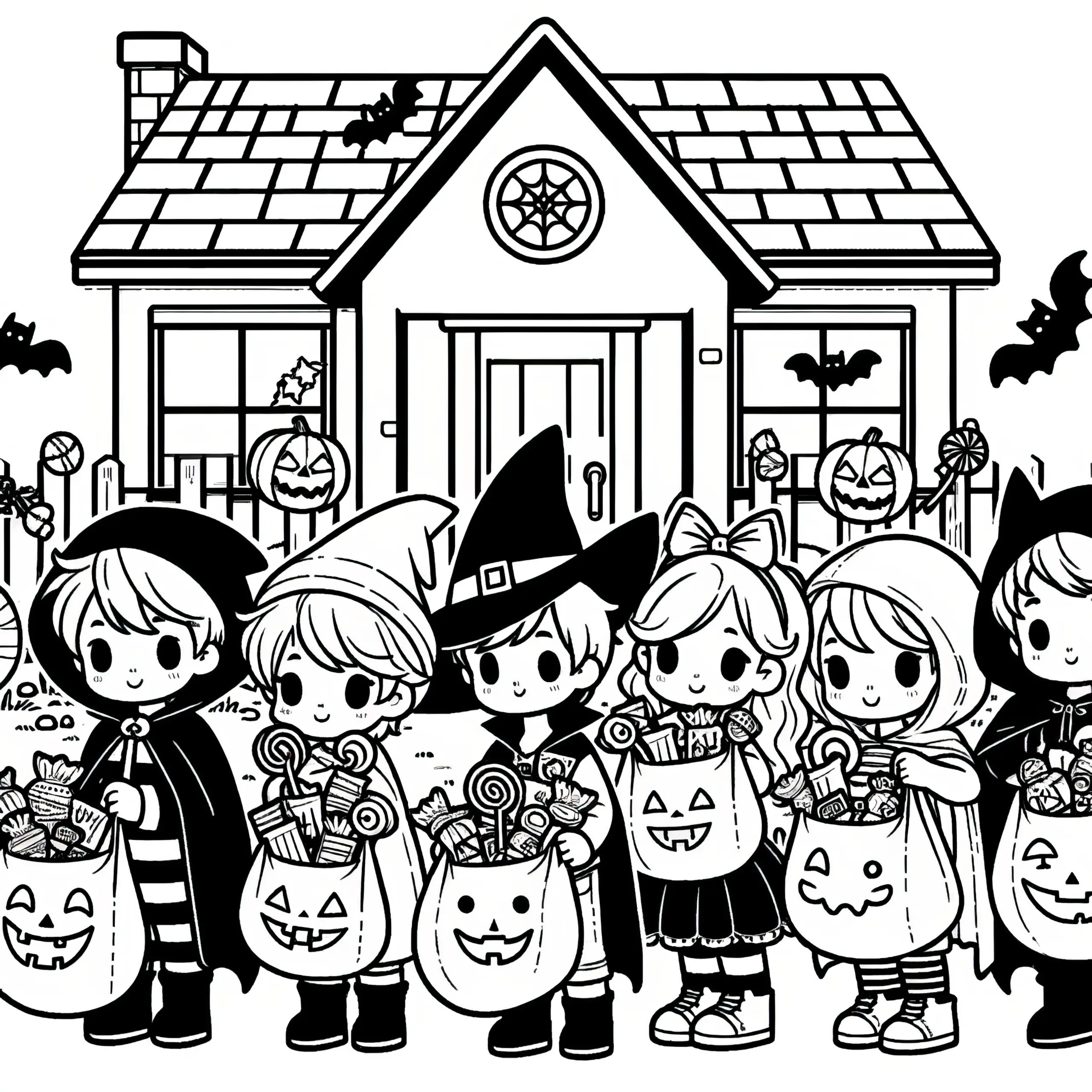 Kinder im Kostüm mit Süßigkeiten in Halloween-Taschen: Kostenloses Ausmalbild