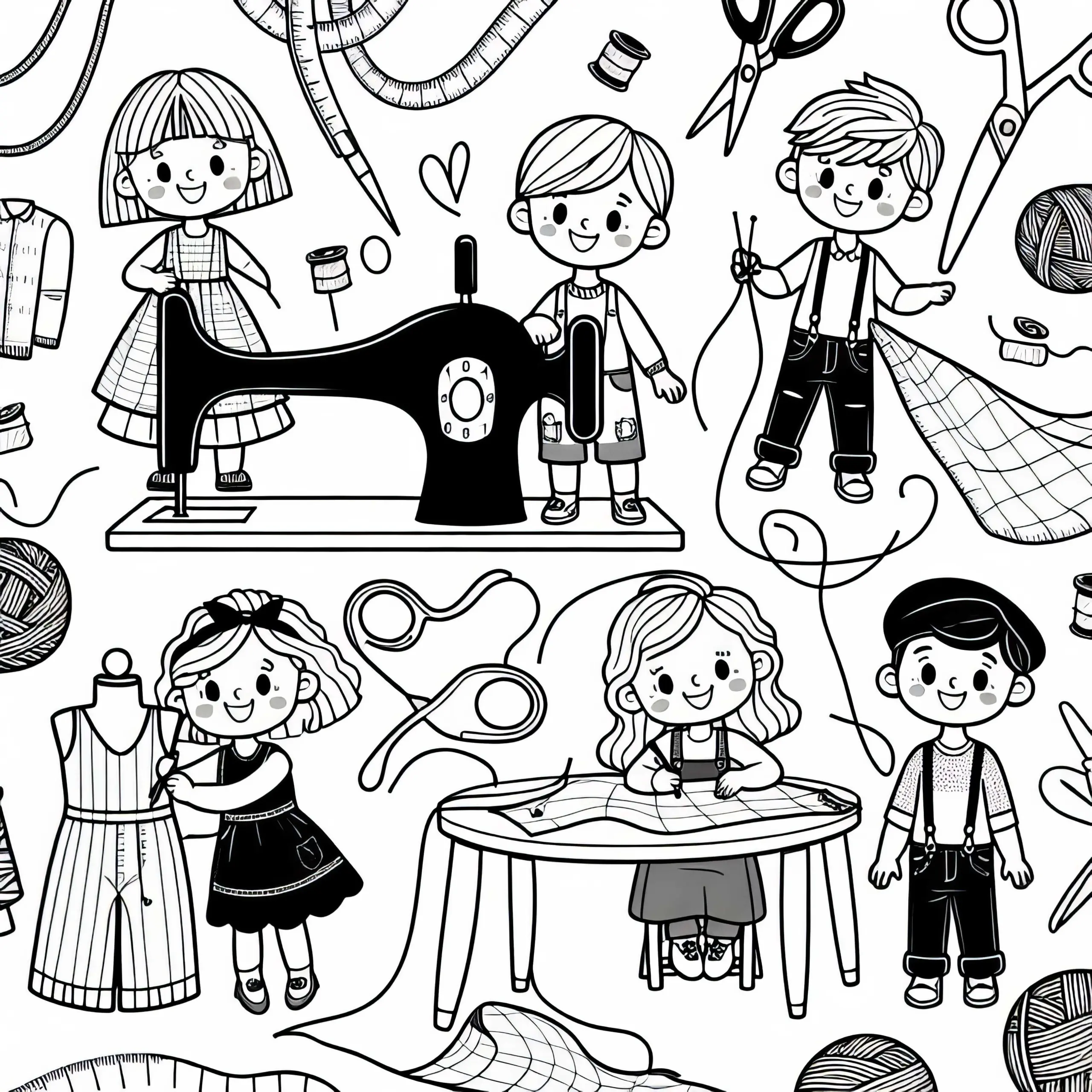 Kinder kreieren ihre eigene Mode als Schneider – Ausmalbild kostenlos