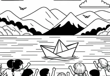 Kinder lassen Papierschiff fahren am Seeufer – Malvorlage Gratis