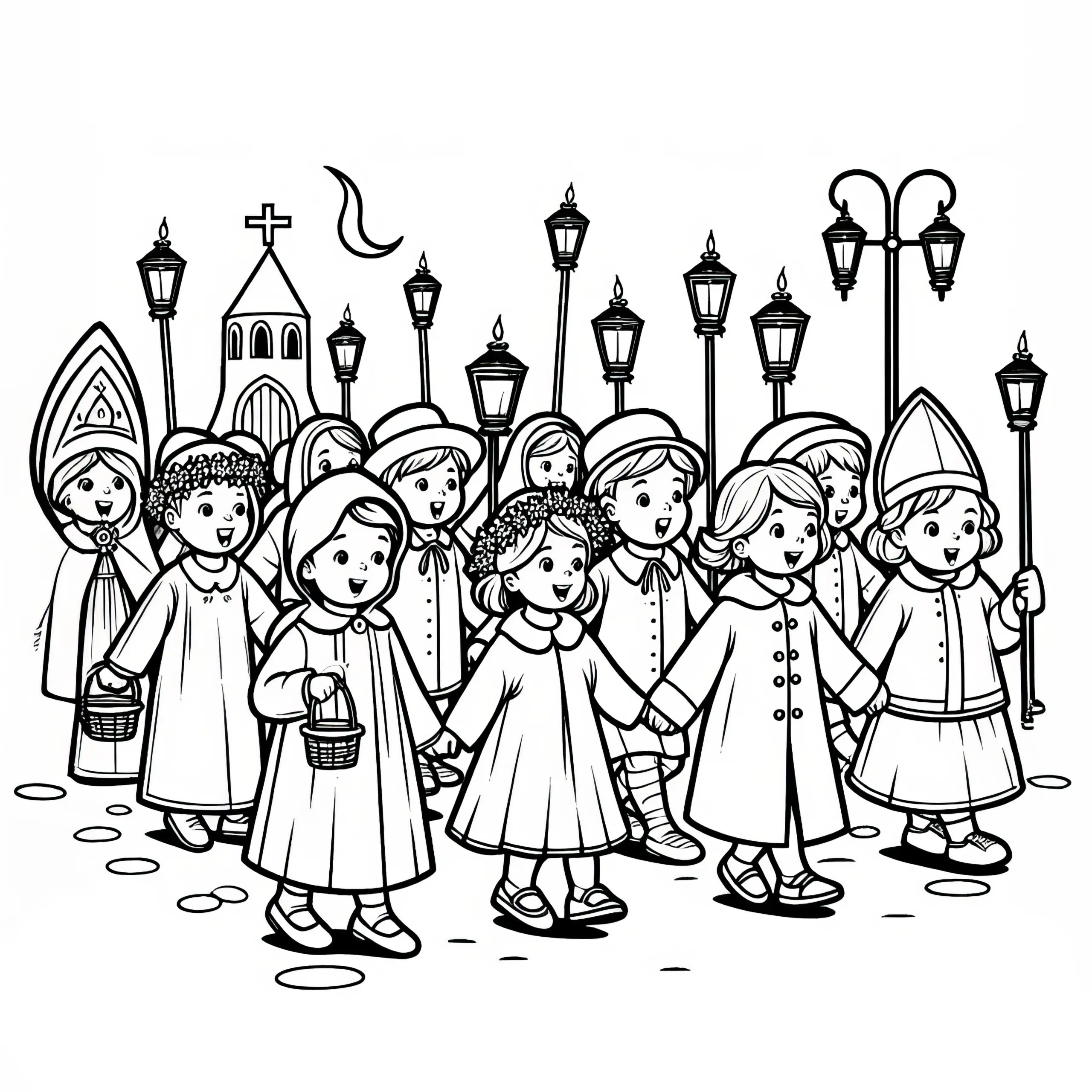 Kinder beim Laternenumzug zum Martinsfest: Malvorlage zum Herunterladen (Gratis) (Ausmalbild)