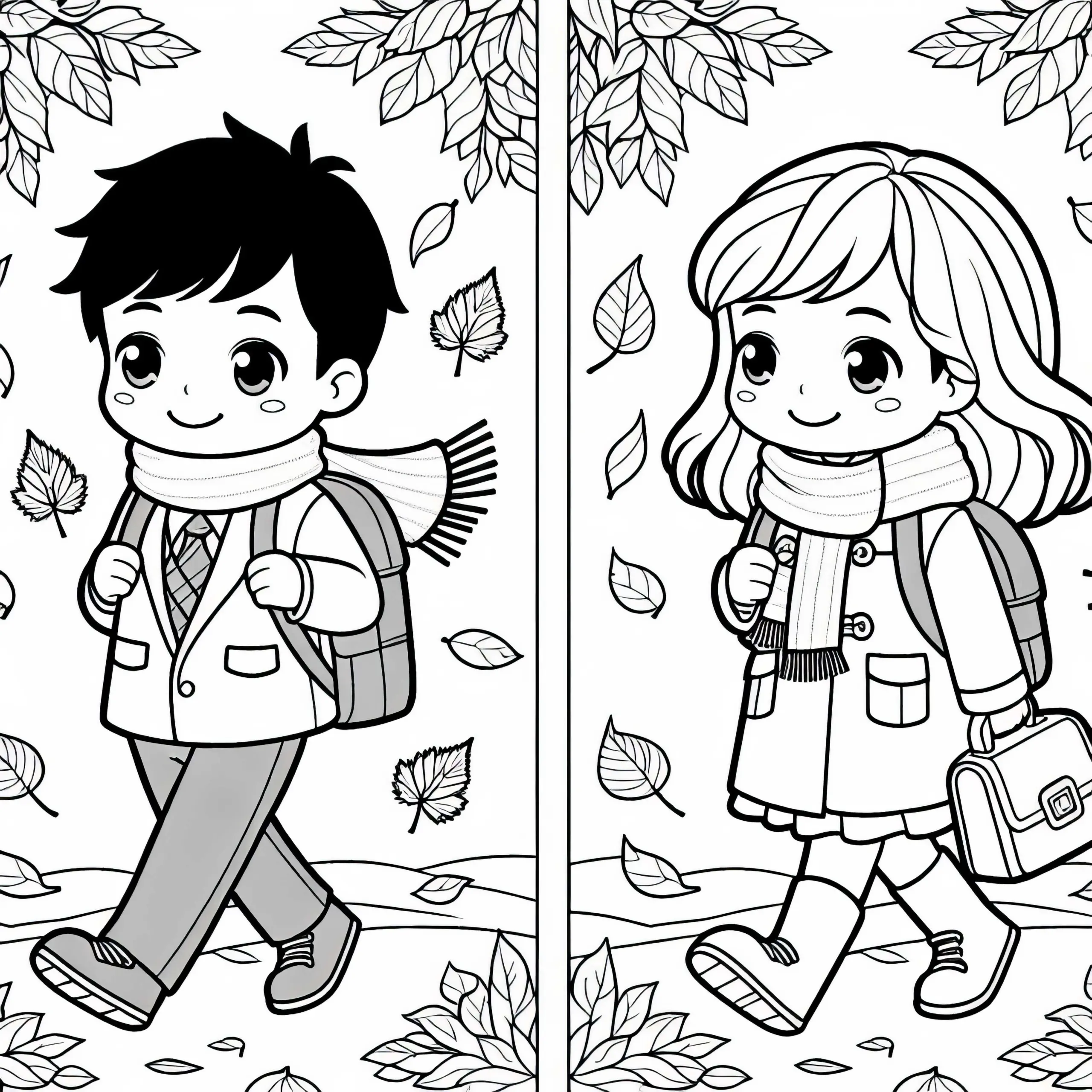 Kinder laufen durch Herbstlaub auf Schulweg – Malvorlage kostenlos (Ausmalbild)