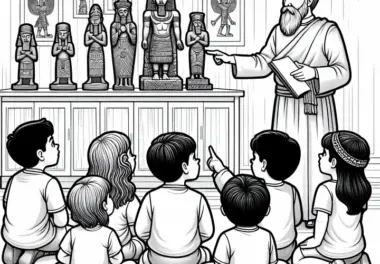 Kinder lauschen der Erklärung eines Gelehrten über alte Götterstatuen – Ausmalbild Hethiter gratis
