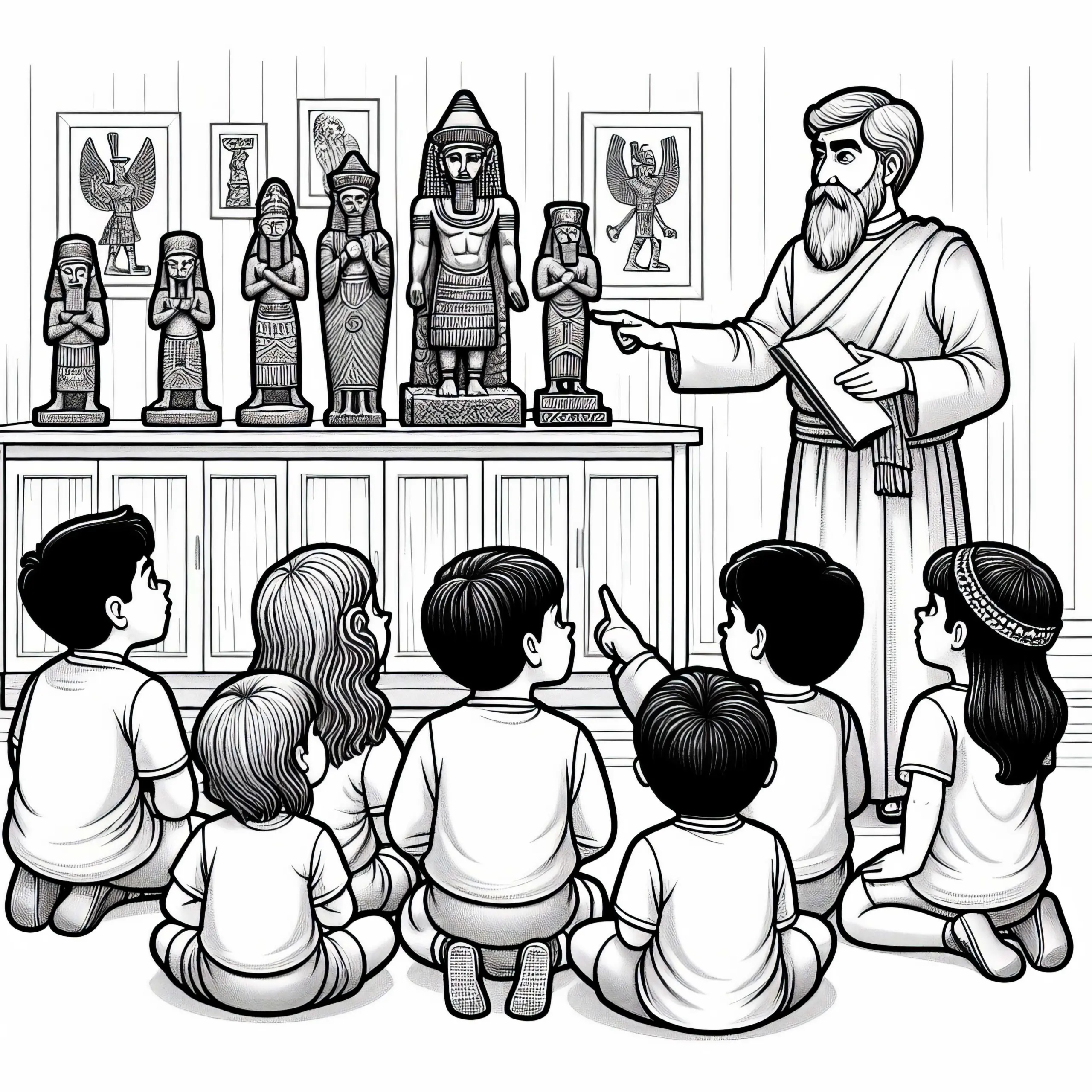 Kinder lauschen der Erklärung eines Gelehrten über alte Götterstatuen – Ausmalbild Hethiter gratis