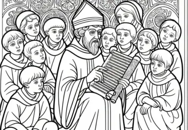 Kinder lauschen Mönch, der Schriftrolle erklärt – Ausmalbild Karl der Große kostenlos