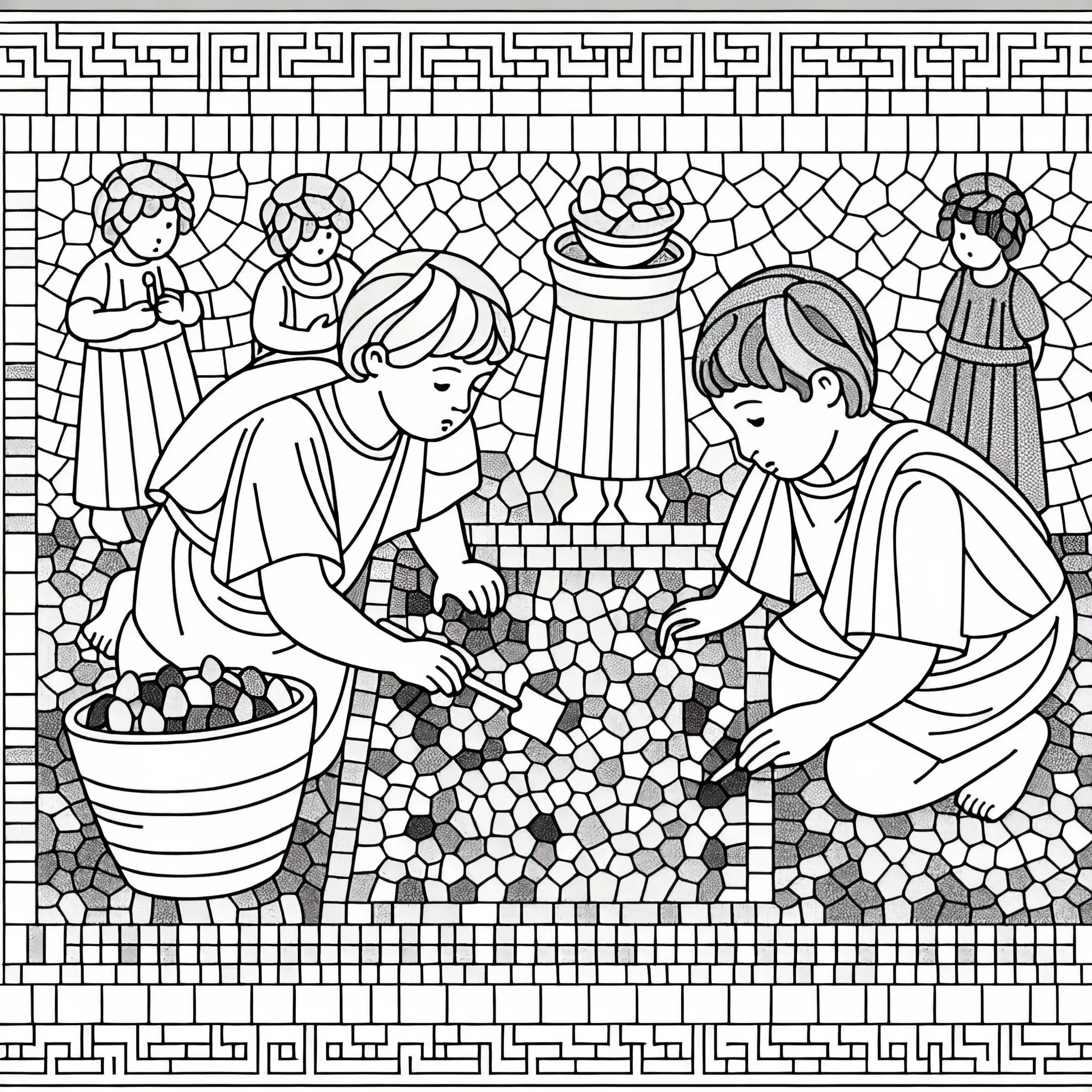 Kinder legen Mosaik mit kleinen Steinchen – Malvorlage Römisches Reich gratis (Ausmalbild)