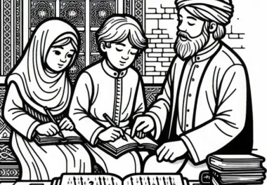 Kinder lernen Buchstaben auswendig, begleitet von Lehrer – Ausmalbild islamische Kultur kostenlos