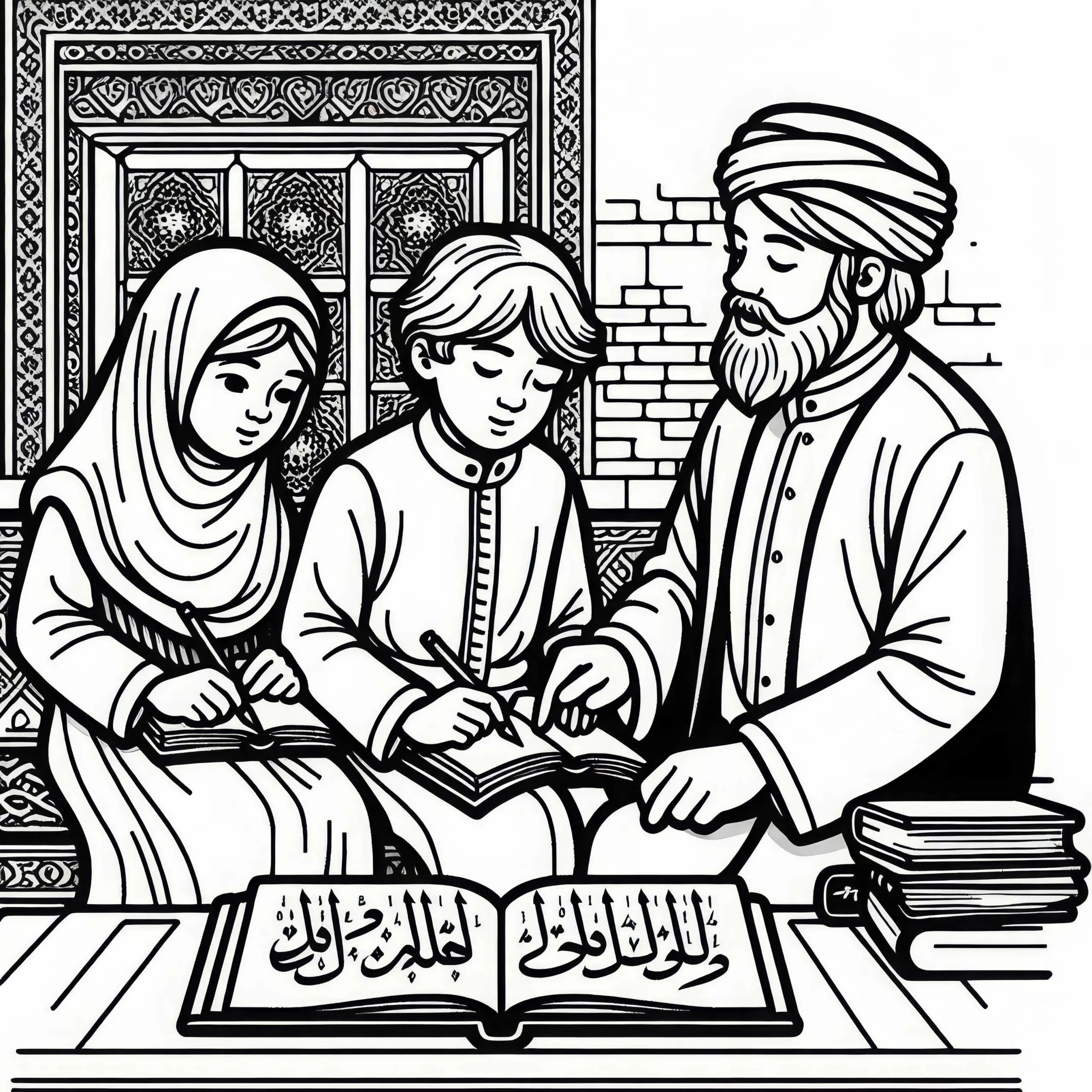 Kinder lernen Buchstaben auswendig, begleitet von Lehrer – Ausmalbild islamische Kultur kostenlos