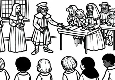 Kinder lernen im Klassenraum, wie Menschen früher mit Krankheiten umgingen – Ausmalbild Schwarzer Tod kostenlos