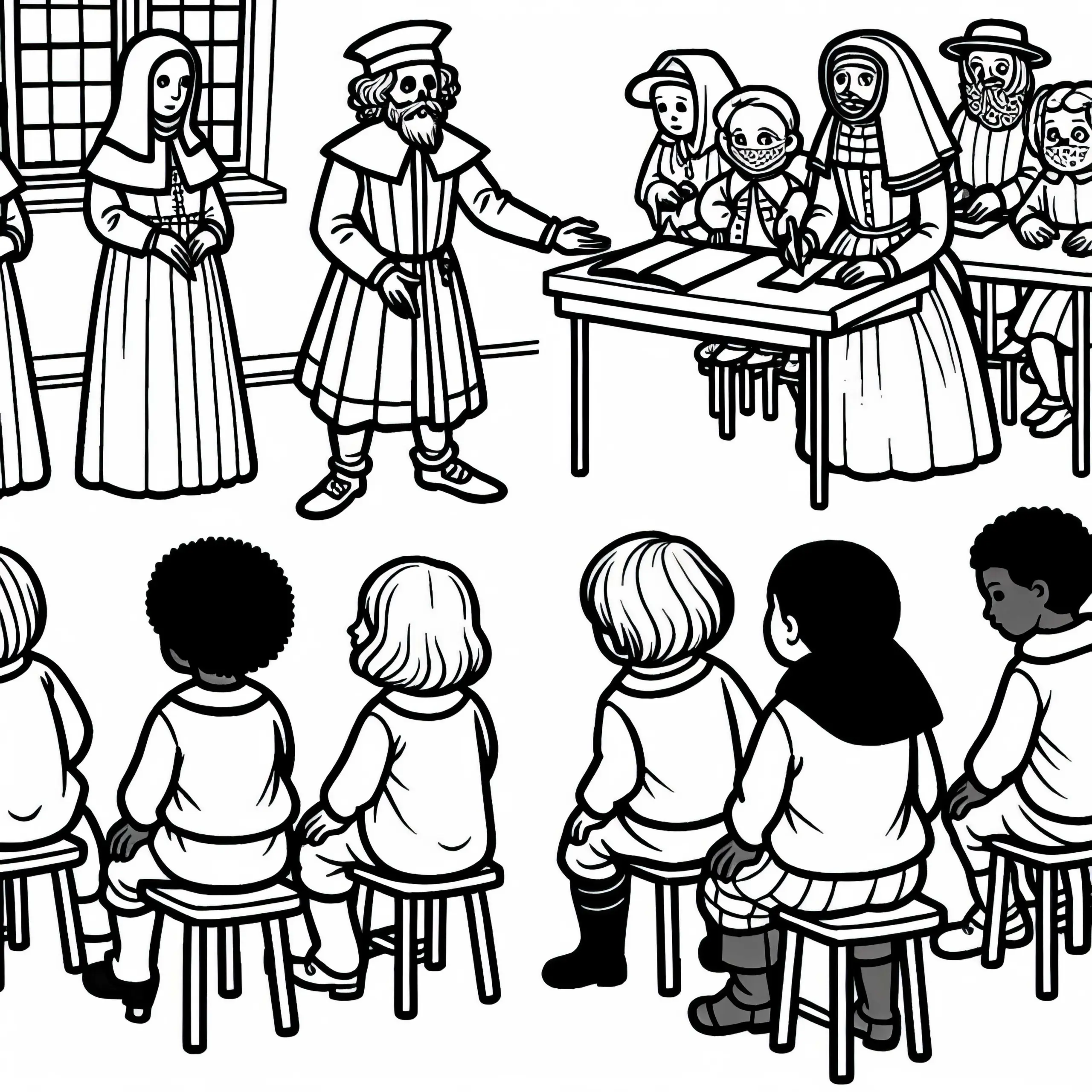 Kinder lernen im Klassenraum, wie Menschen früher mit Krankheiten umgingen – Ausmalbild Schwarzer Tod kostenlos