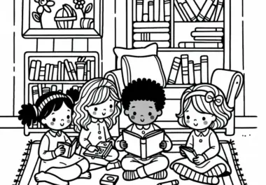 Kinder lesen zusammen Bilderbuch im Kinderzimmer als Malvorlage gratis