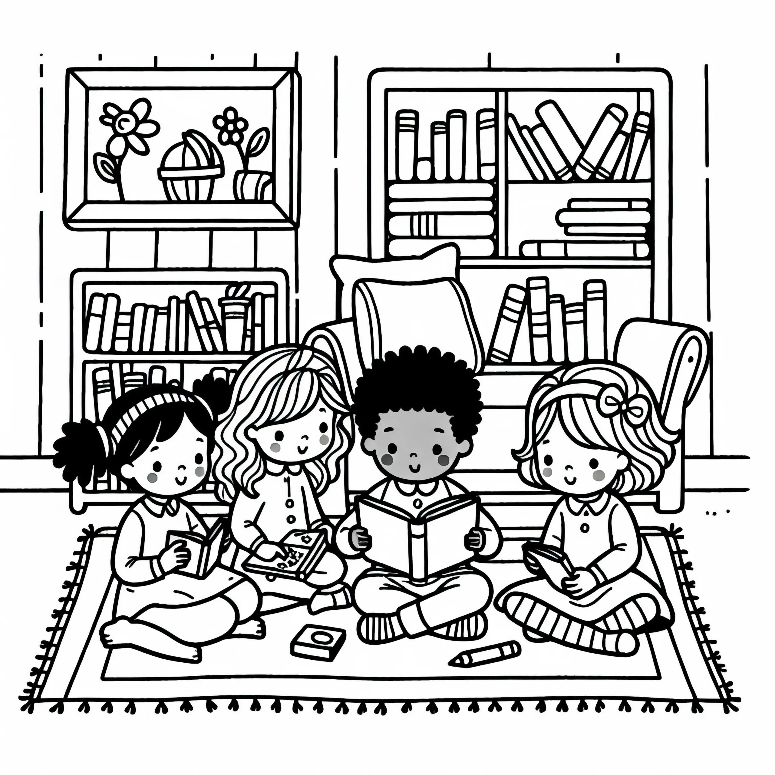 Kinder lesen zusammen Bilderbuch im Kinderzimmer als Malvorlage gratis (Ausmalbild)