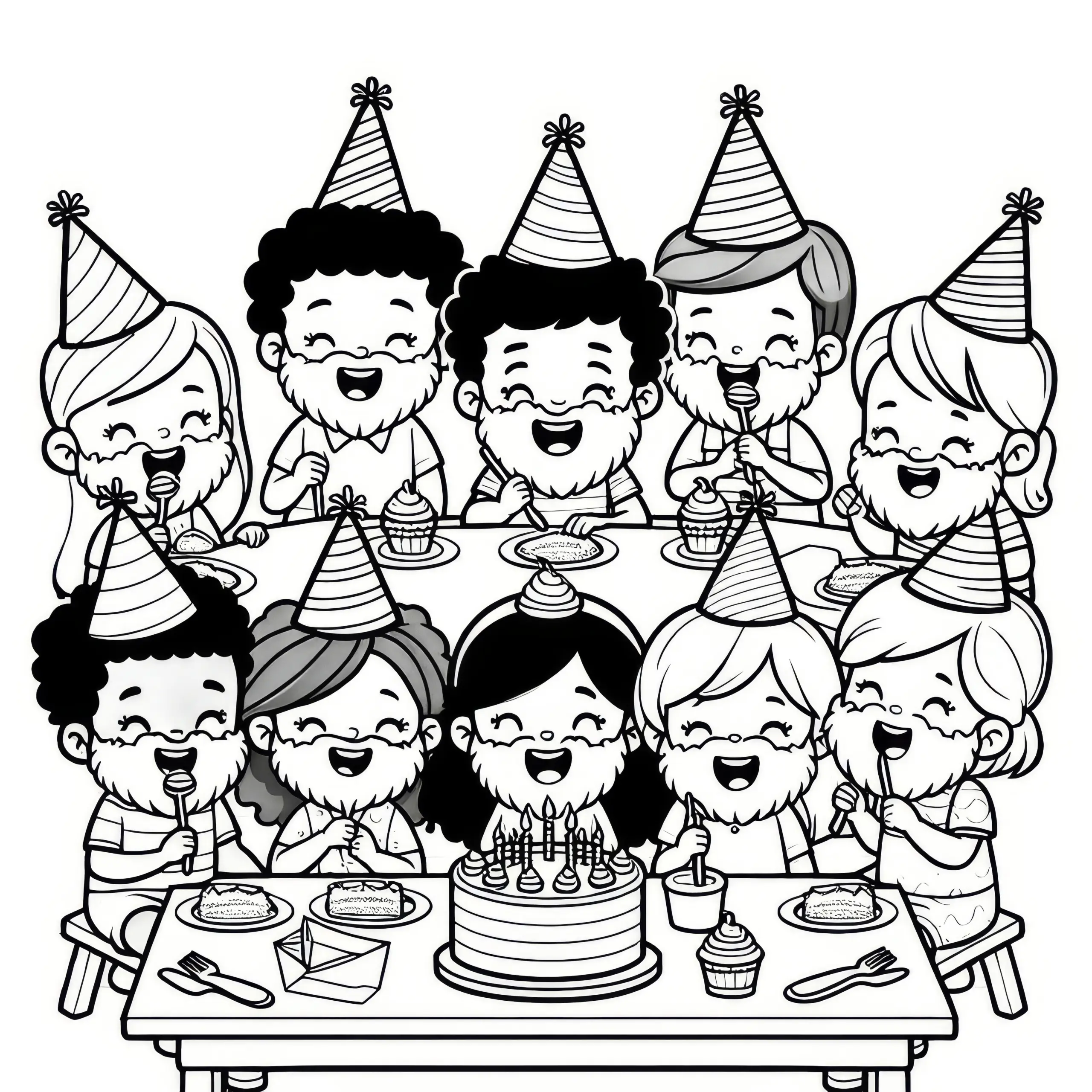 Kinder mit lustigen Bärten essen Kuchen zum Geburtstag: Gratis Ausmalbild