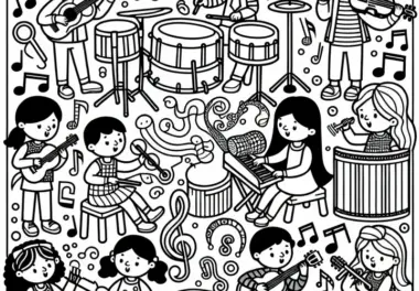 Kinder machen Musik mit verschiedenen Instrumenten – Ausmalbild kostenlos