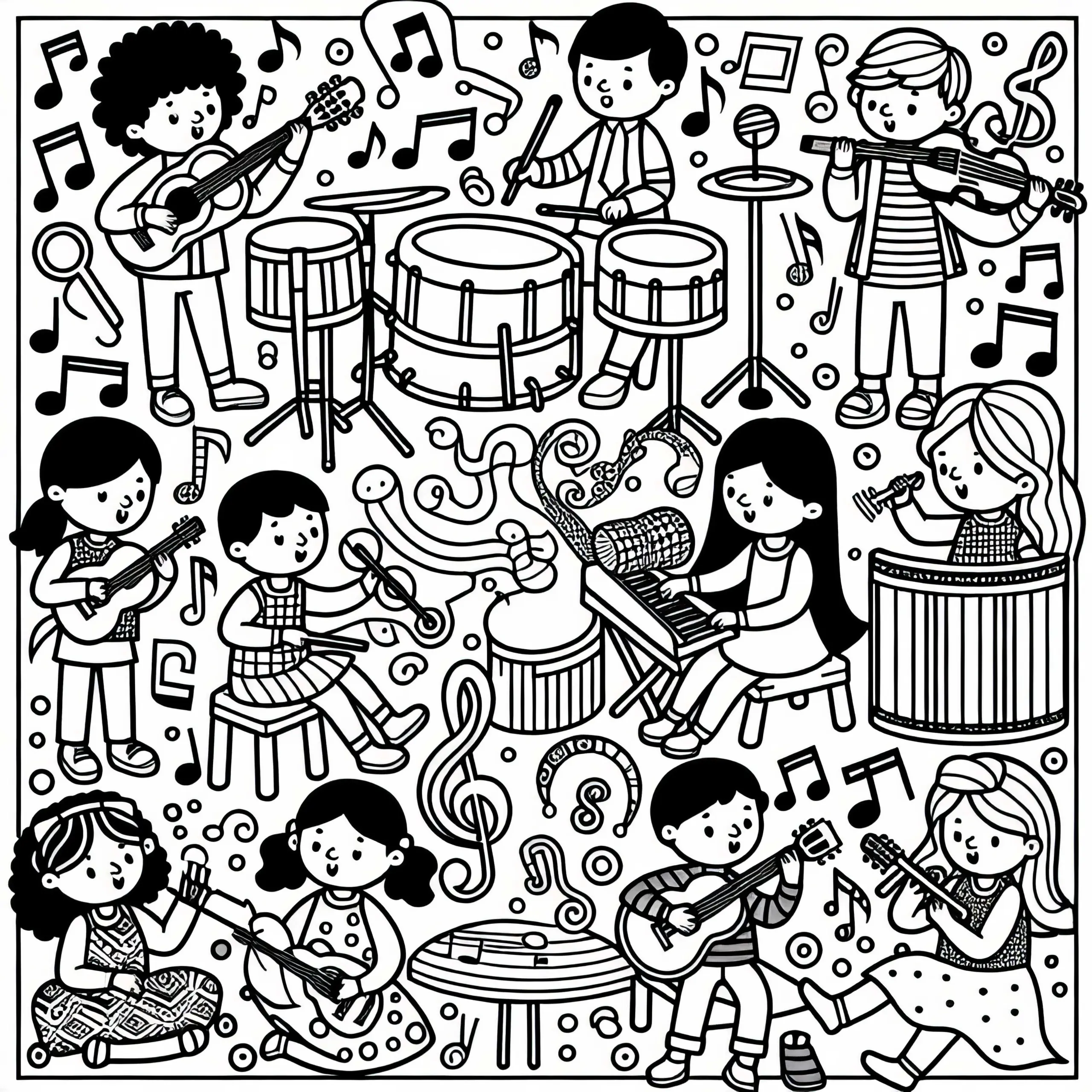 Kinder machen Musik mit verschiedenen Instrumenten – Ausmalbild kostenlos