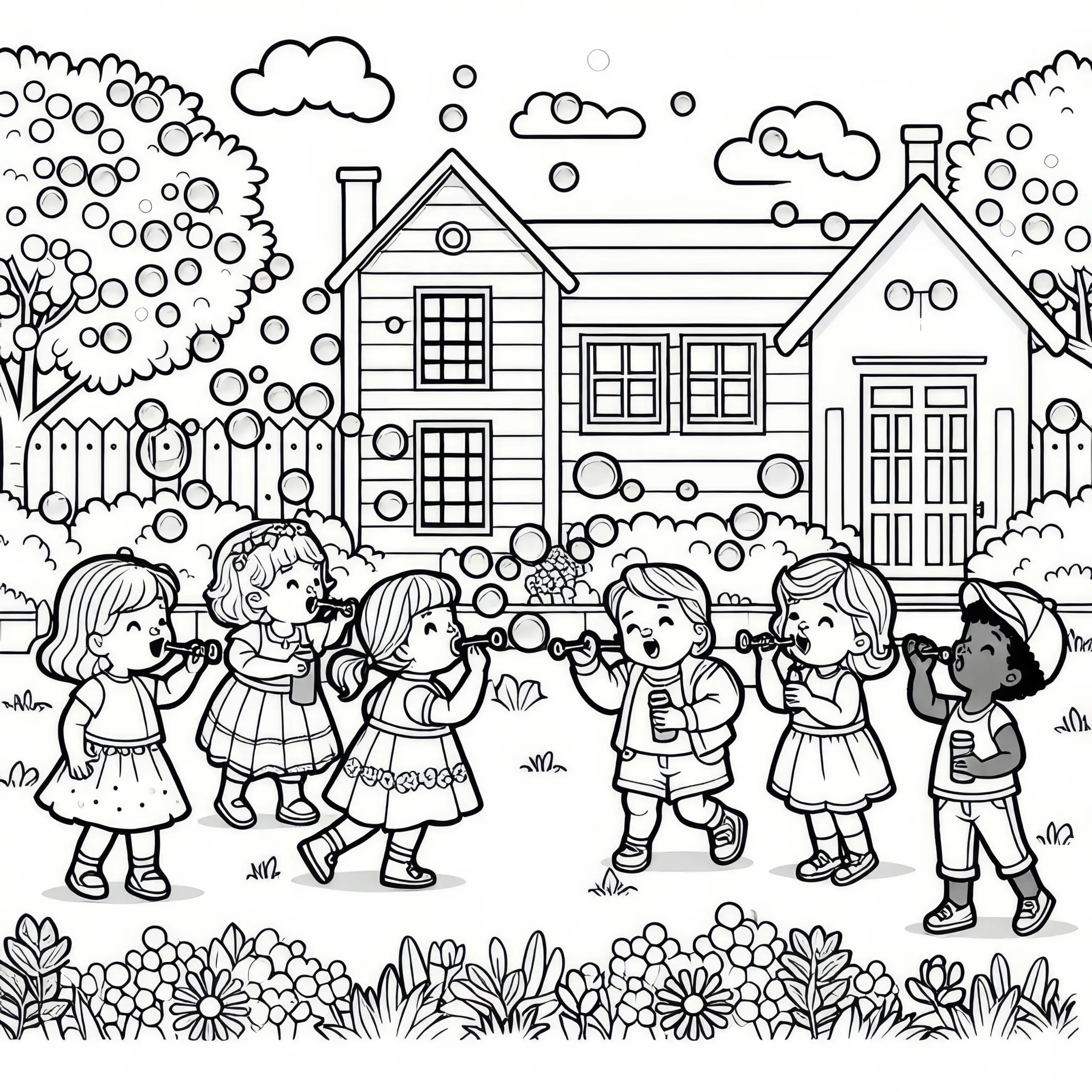 Kinder machen Seifenblasen im Garten im August: Kostenlose Malvorlage (Ausmalbild)