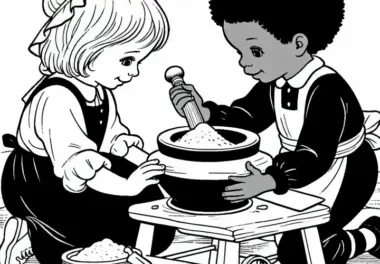 Ausmalbild für Kinder: Mahlendes Kind in der Kolonialzeit – Kostenlos herunterladen