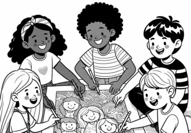 Kinder malen gemeinsam ein großes Poster aus Ausmalbild gratis