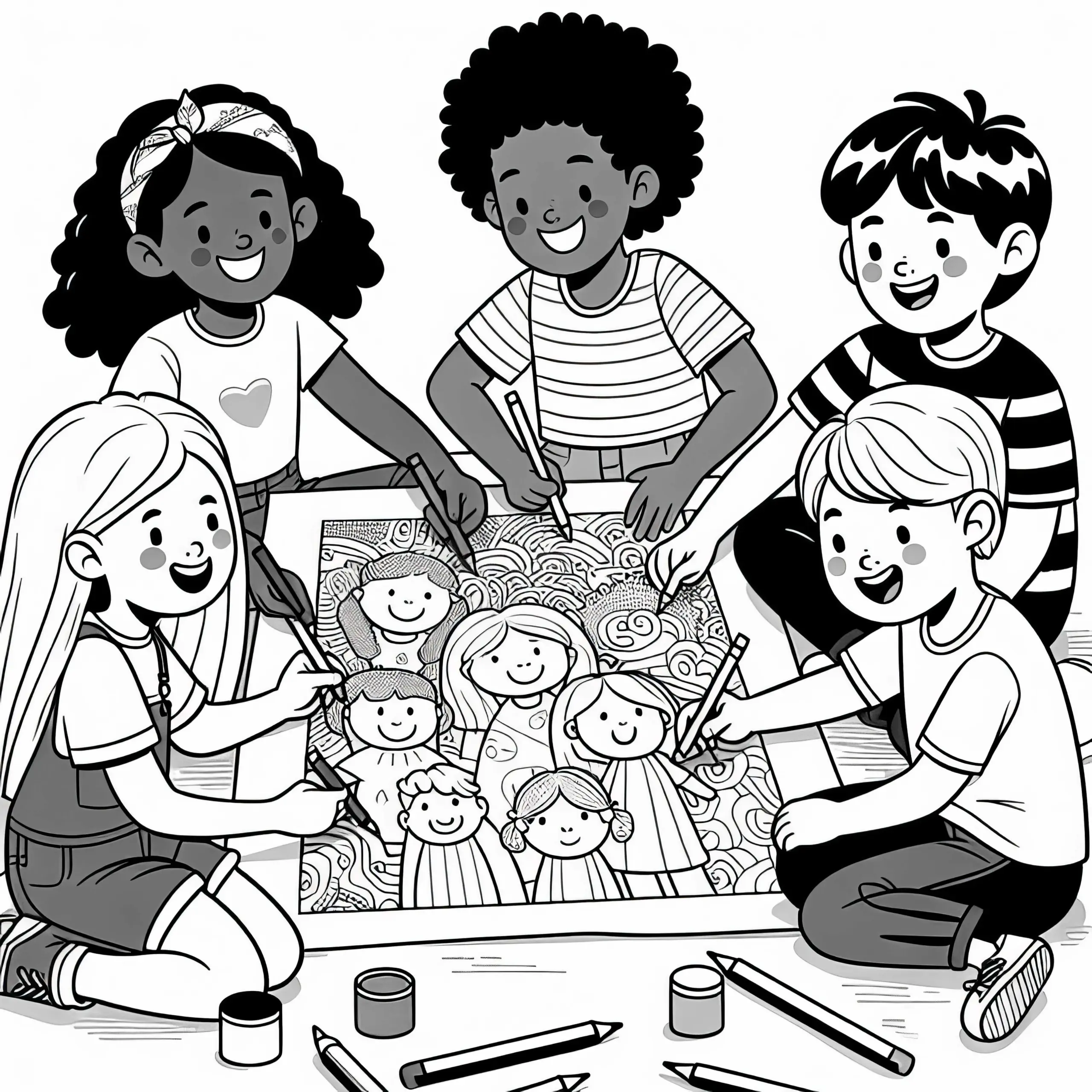 Kinder malen gemeinsam ein großes Poster aus Ausmalbild gratis