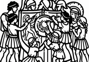 Kinder malen Schilde mit Symbolen von Griechen und Trojanern – Malvorlage historische Schlachten kostenlos