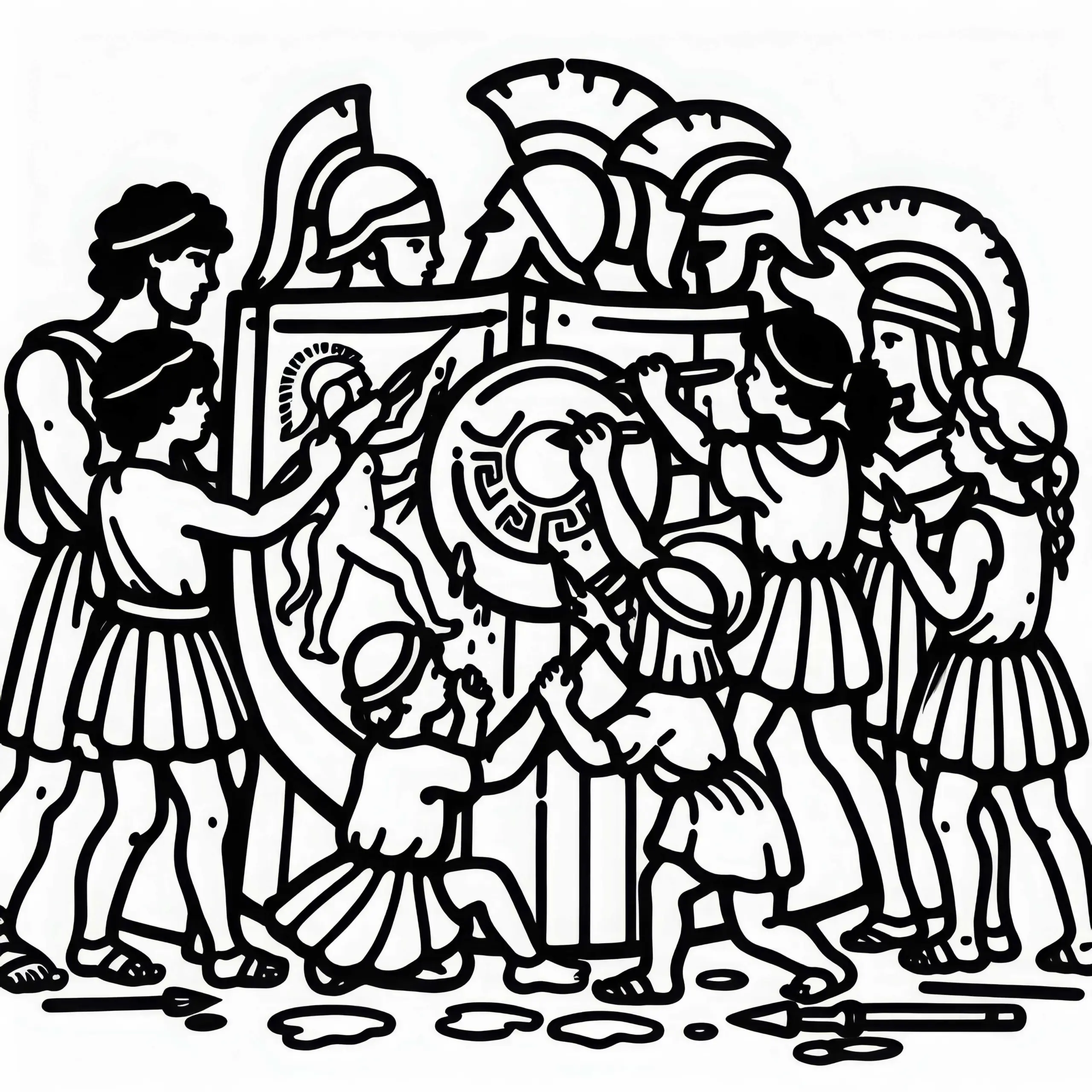 Kinder malen Schilde mit Symbolen von Griechen und Trojanern – Malvorlage historische Schlachten kostenlos (Ausmalbild)