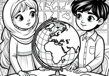 Kinder mit Globus – Ausmalbild zum Gratis-Download