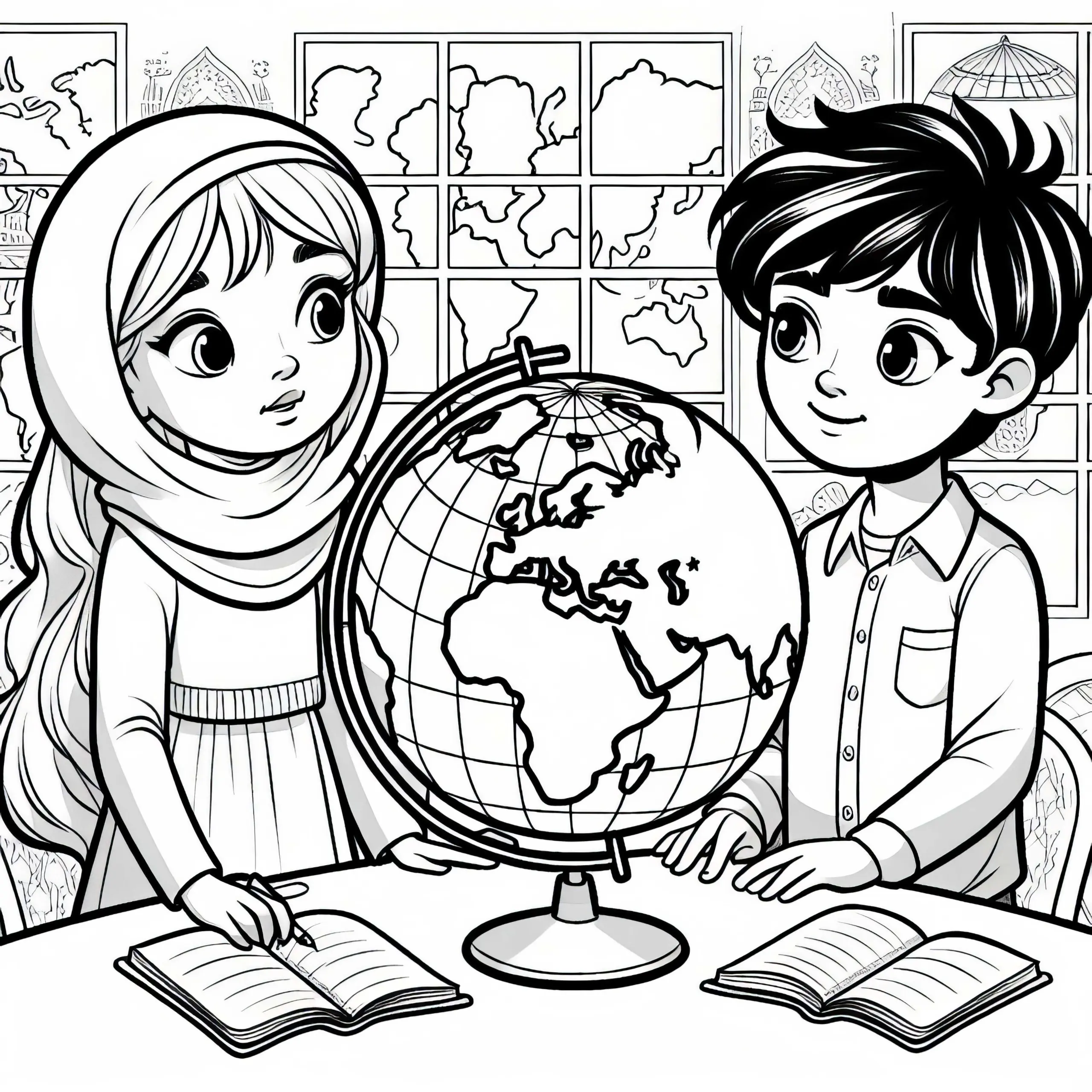 Kinder mit Globus – Ausmalbild zum Gratis-Download