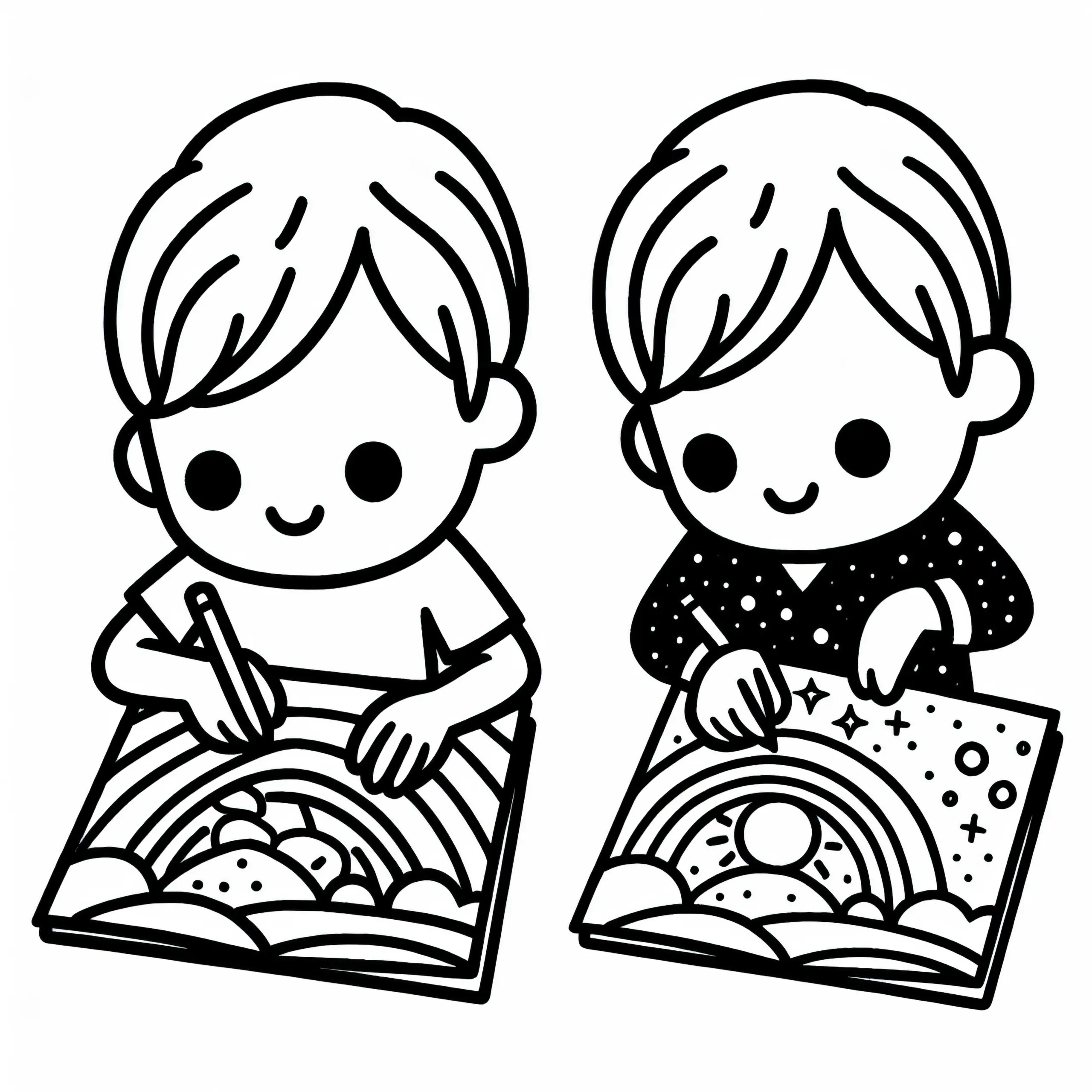 Kinder mit Schulheften – Malvorlage gratis (Ausmalbild)