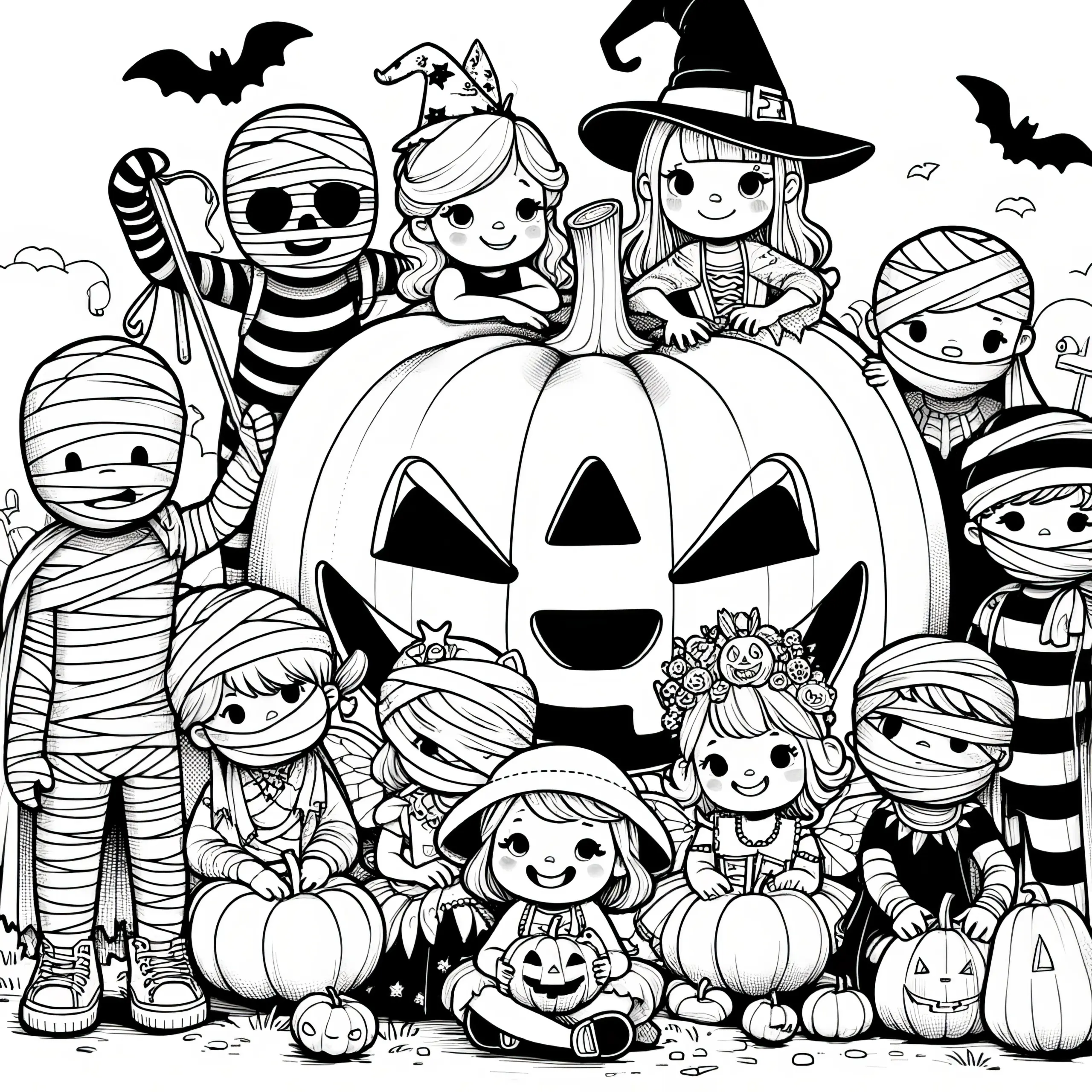 Kinder in Monsterkostümen mit Riesenkürbis: Ausmalbild Halloween (Kostenlos)