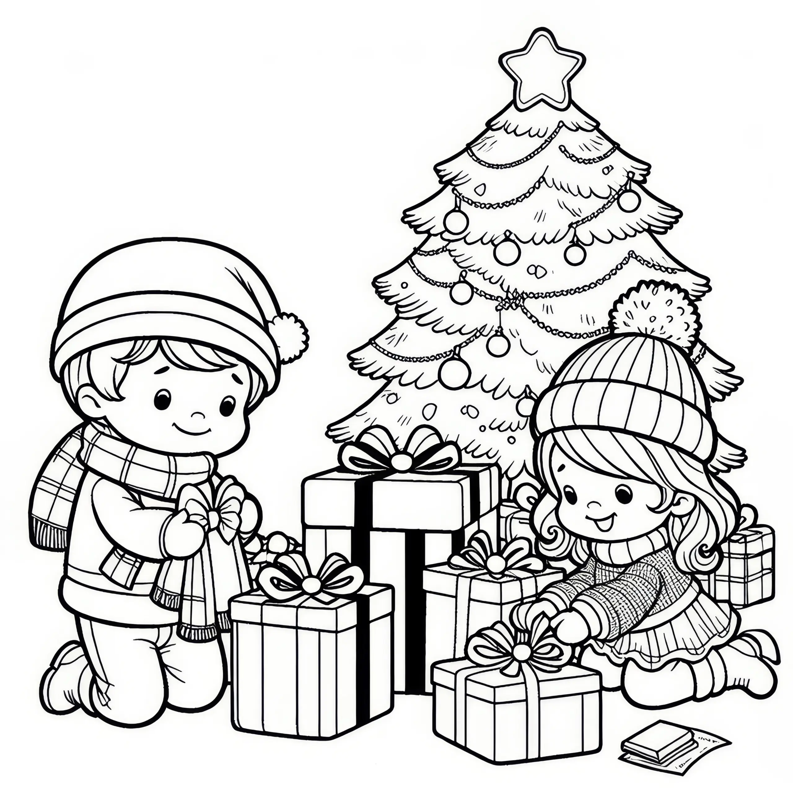 Kinder packen Geschenke unter dem Baum aus: Dezember Ausmalbild zum Download (Gratis)