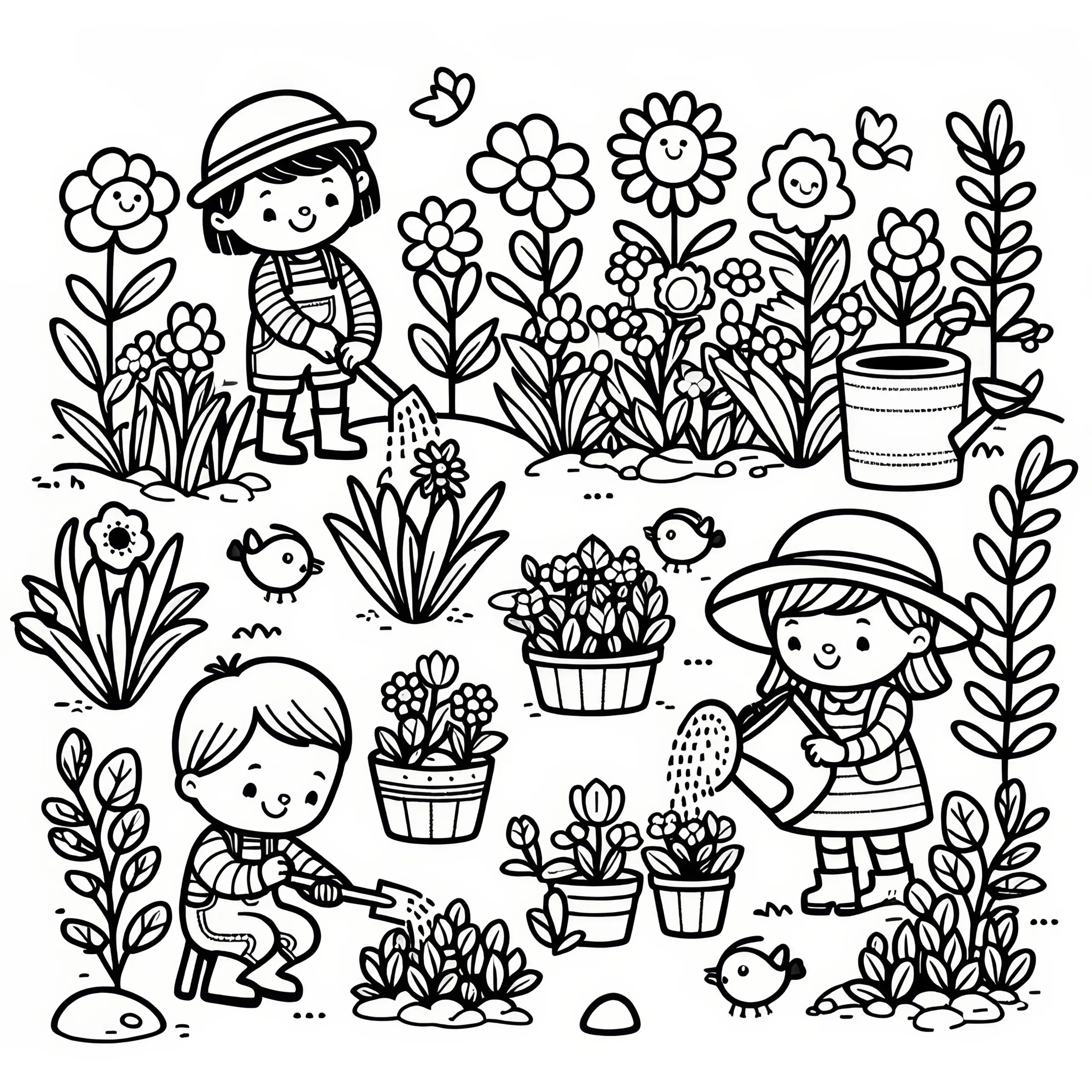 Kinder pflanzen Blumen im Garten: kostenloses Frühlingsausmalbild