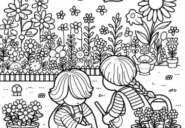 Kinder Pflanzen Frühlingsblumen im Garten Ausmalbild kostenlos
