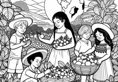 Kinder pflücken Früchte in tropischem Garten – Ausmalbild aus Südamerika gratis